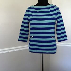 Boden Top Women's Size 8 Blue Striped 3/4 Sleeve Boat Neck Ribbed Blouse